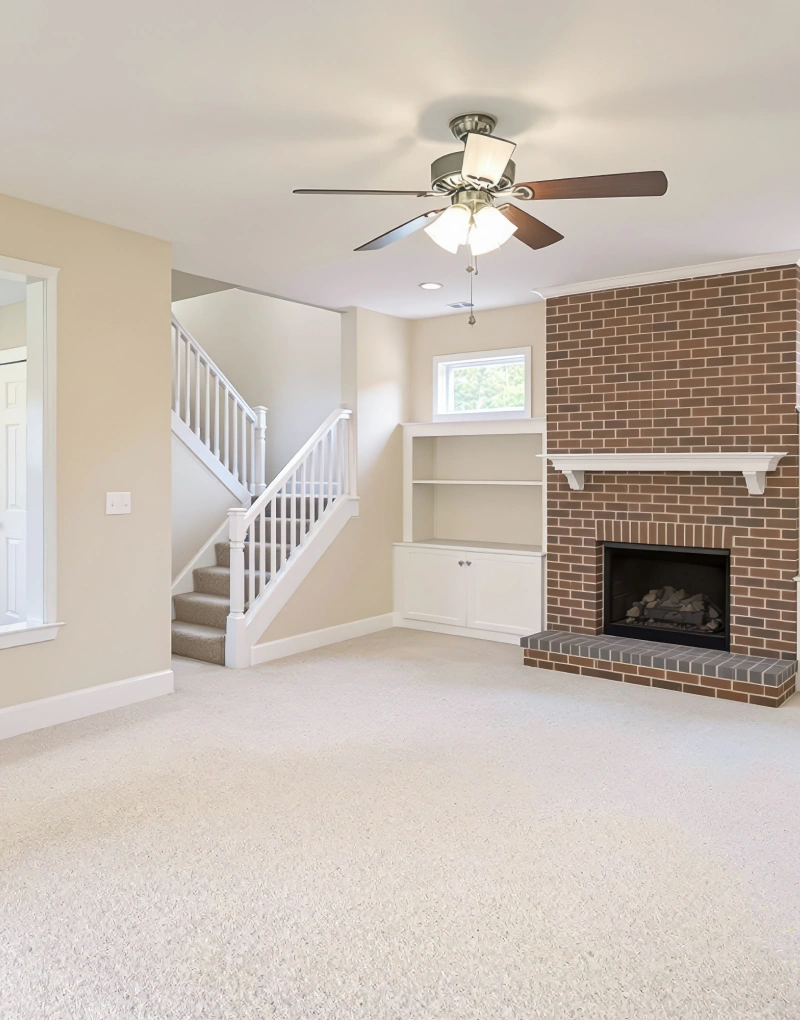 This empty living area features a cozy hearth, a central fireplace, and carpeted floors. The open floor plan includes a staircase and large windows for natural light.